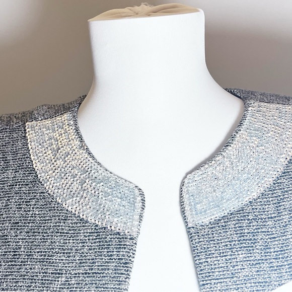 LOFT Size 6 Tweed Gray Open Cropped Jacket/Blazer Silver Metallic Sequin Collar - Picture 4 of 11